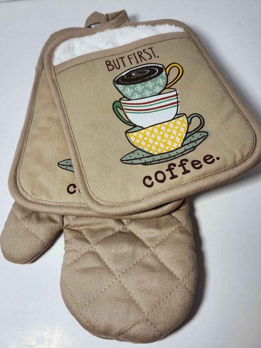 Sonoma But First Coffee Kitchen Set 3-Pc Oven Mitt & 2 Mini Pot Holders NWT